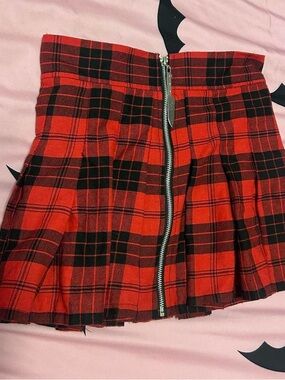 Spencer's Red and Black Plaid Pleated Mini Skirt with Front Zip